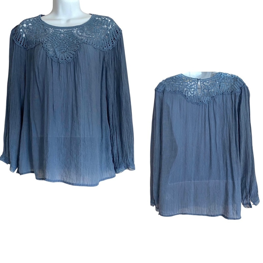 Indigo Rose Blue Boho Blouse Sz Large Gauze Peasant Lace Crochet Flowy Top